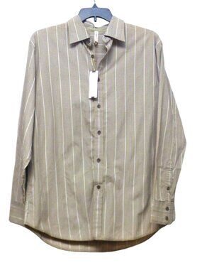Transcript Men’s Striped Exposed Seam Casual Button Down Shirt, L, Taupe
